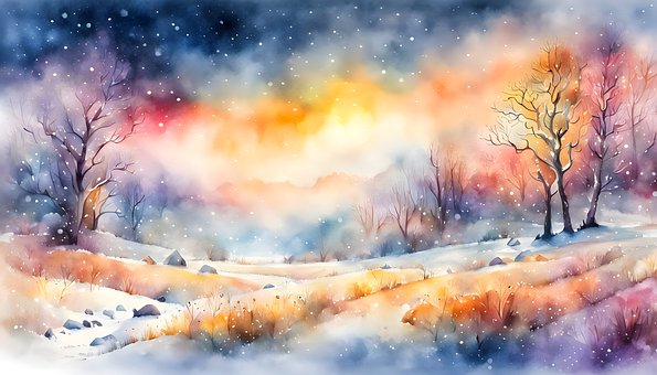 Paisagem De Inverno, Pôr Do Sol Colorido