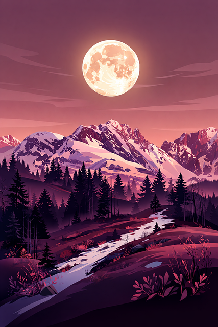 Free mountain landscape full moon night landscape vector