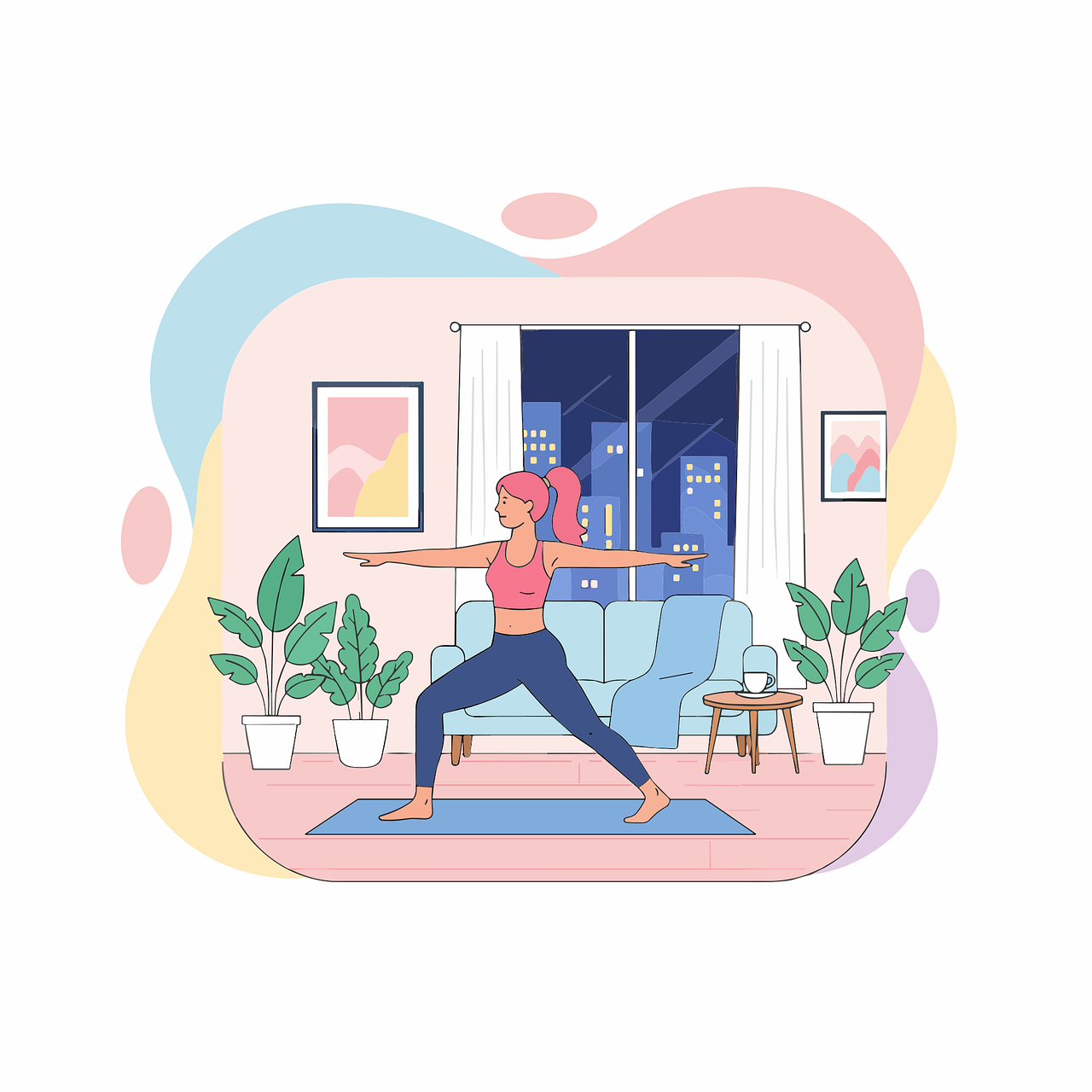 Free yoga warrior pose evening workout woman exercising vector