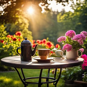 Kaffe, Kop, Drik, Blomster, Terrasse