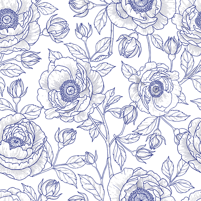 Free blue floral pattern vintage flower illustration botanical line art vector