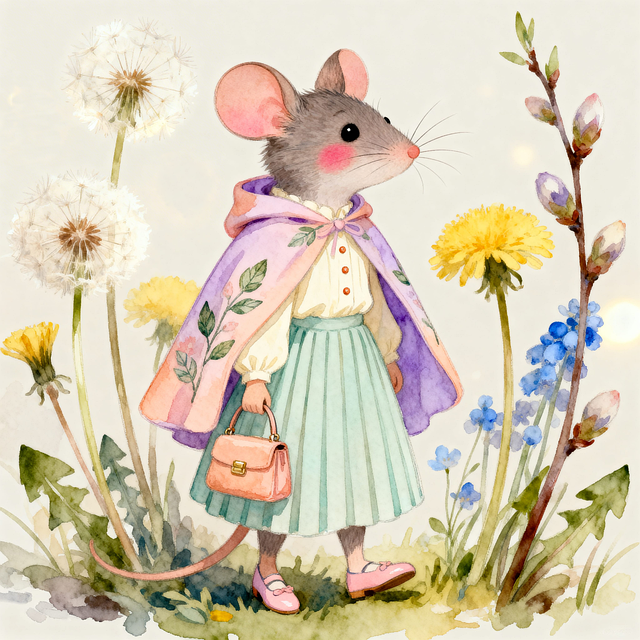 Free watercolor illustration anthropomorphic mouse spring flowers illustration