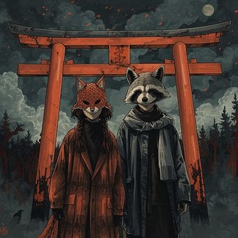 Füchse, Waschbär, Torii-Tor, Herbst