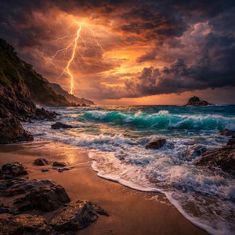 Relámpago, Tormenta, Playa, Oceano
