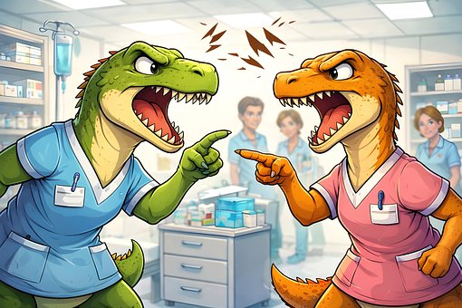 Krankenschwester, Dinosaurier, Konflikt