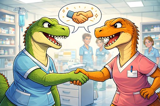 Krankenschwester, Dinosaurier, Konflikt