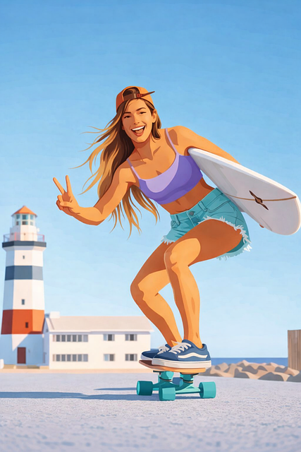 Free surf girl skater girl surfing lifestyle vector