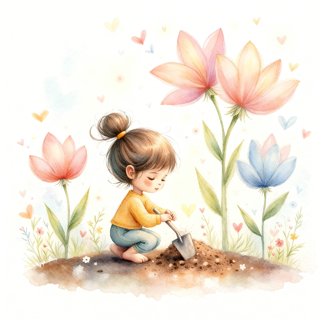 Free whimsical illustration watercolor art child gardening illustration