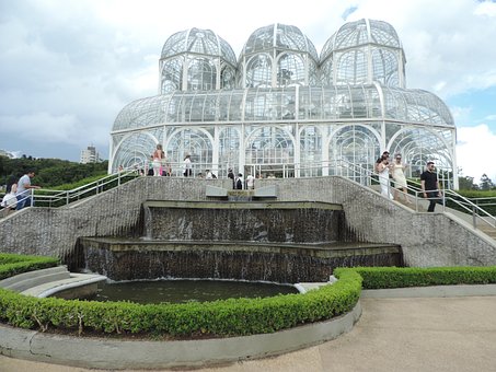 温室, 滝, 建築, 植物園, ガラス構造, クリアドーム, 屋外, 木々