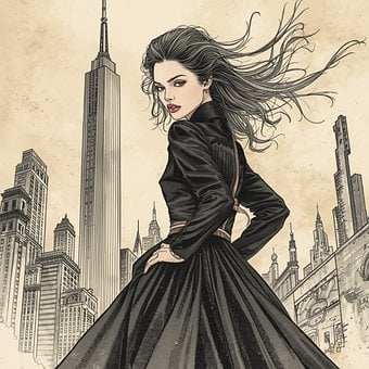 Frau, Mode, Stadt, Wolkenkratzer, Kunst