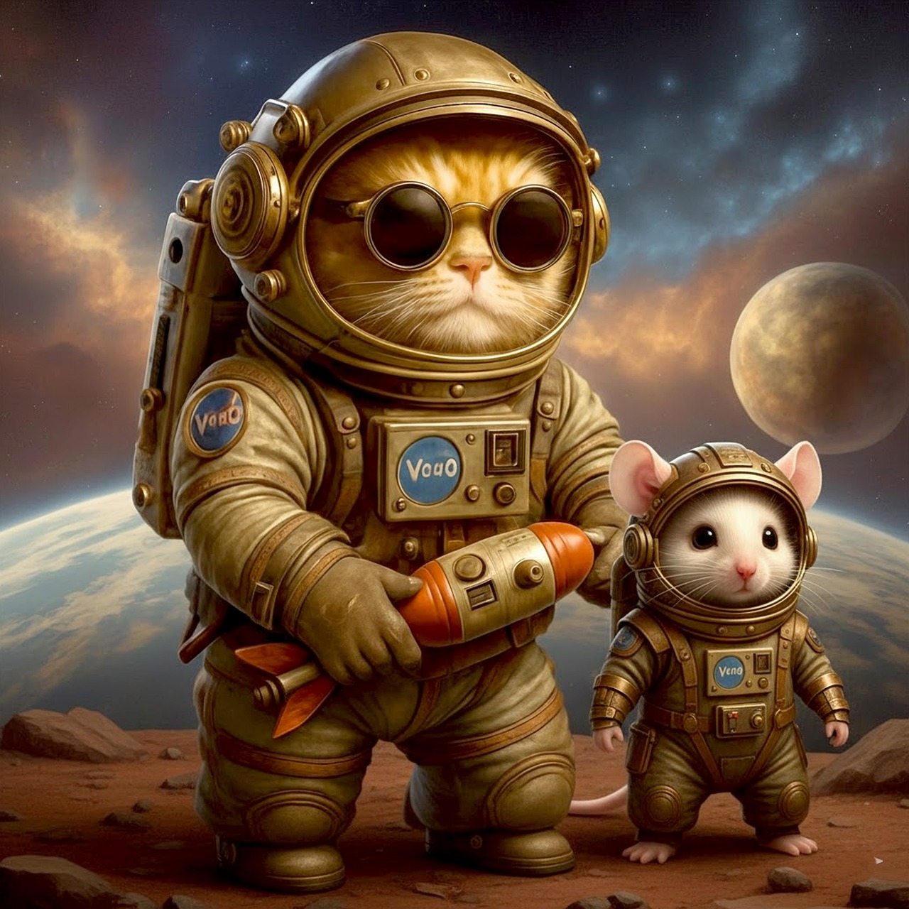 Free cat mouse astronaut illustration