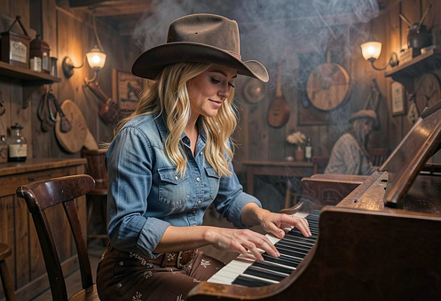 Cowboy, Cowgirl, Vrouw, Piano, Saloon
