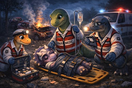 Sanitäter, Ambulanz, Dinosaurier