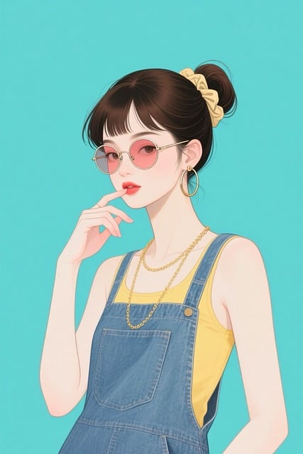 Free woman sunglasses denim overalls illustration