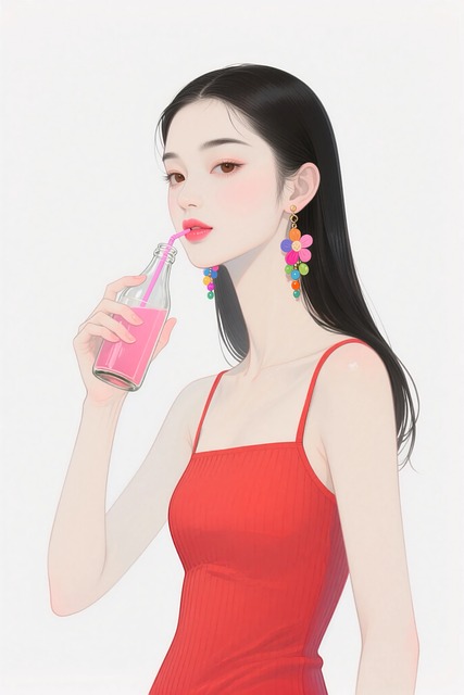 Free woman red tank top drinking illustration