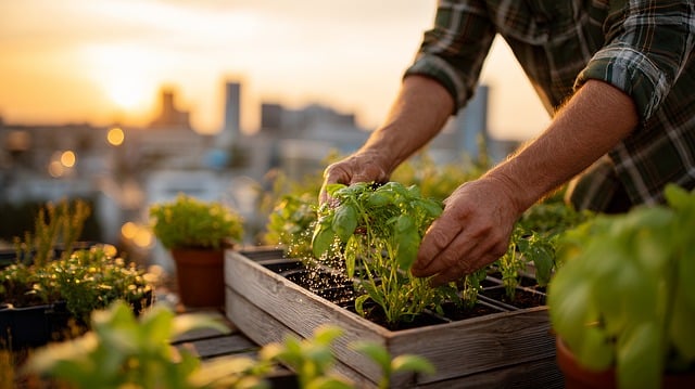 gardening, rooftop, garden, sunset, urban, agriculture, hand, watering, plant, leaf, city, growing, care, lifestyle, nature, healthy, sustainable, organic, vegetable, herb, basil, lettuce, soil, cultivation, hobby, ai generated