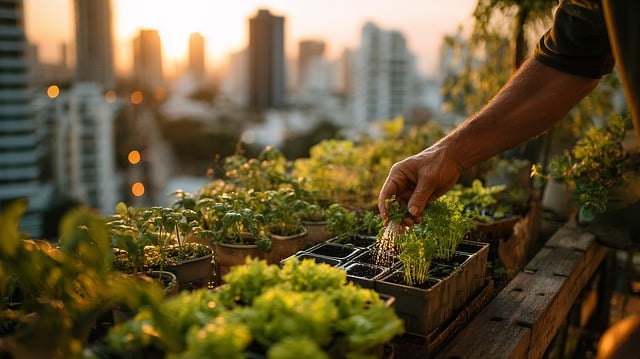 rooftop, nature, garden, urban, city, gardening, plant, sunset, golden, hour, hand, watering, leaf, agriculture, growth, green, balcony, terrace, building, cityscape, cultivate, care, cultivation, environment, flora, ai generated