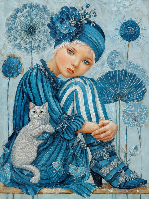 Free blue portrait oil painting texture girl with cat illustration
