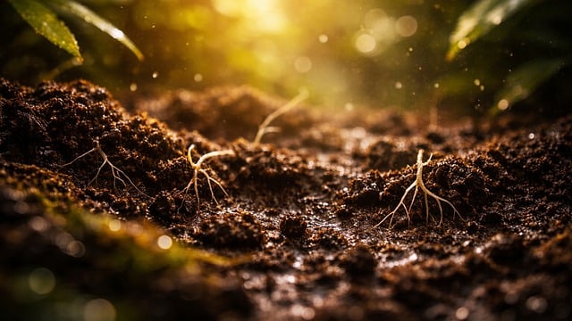 roots, germination, growth, fertile soil, nature, sustainability, sustainable development, environment, ecology, reforestation, planting, plant life, biodiversity, agriculture, hope, renovation, life cycle, environmental conservation, damp soil, sustainable future, ai generated