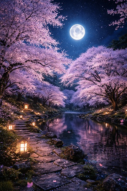 Free cherry blossoms full moon night sky illustration
