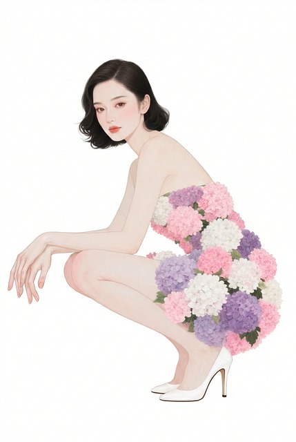 Free fashion girl hydrangea illustration