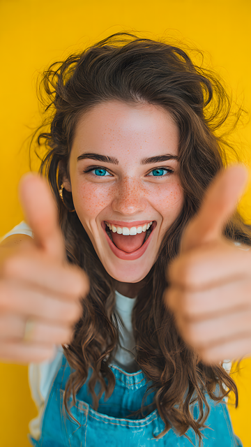 Free thumbs up happy girl yellow background illustration