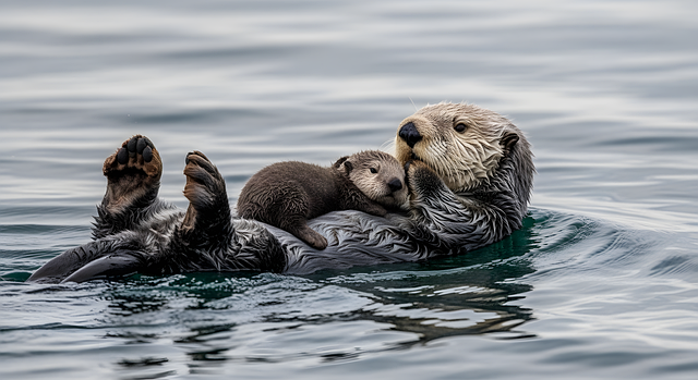 otter, nature, animal, wildlife, mammal, water, cute, fur, aquatic, sea, mother, baby, family, ai generated