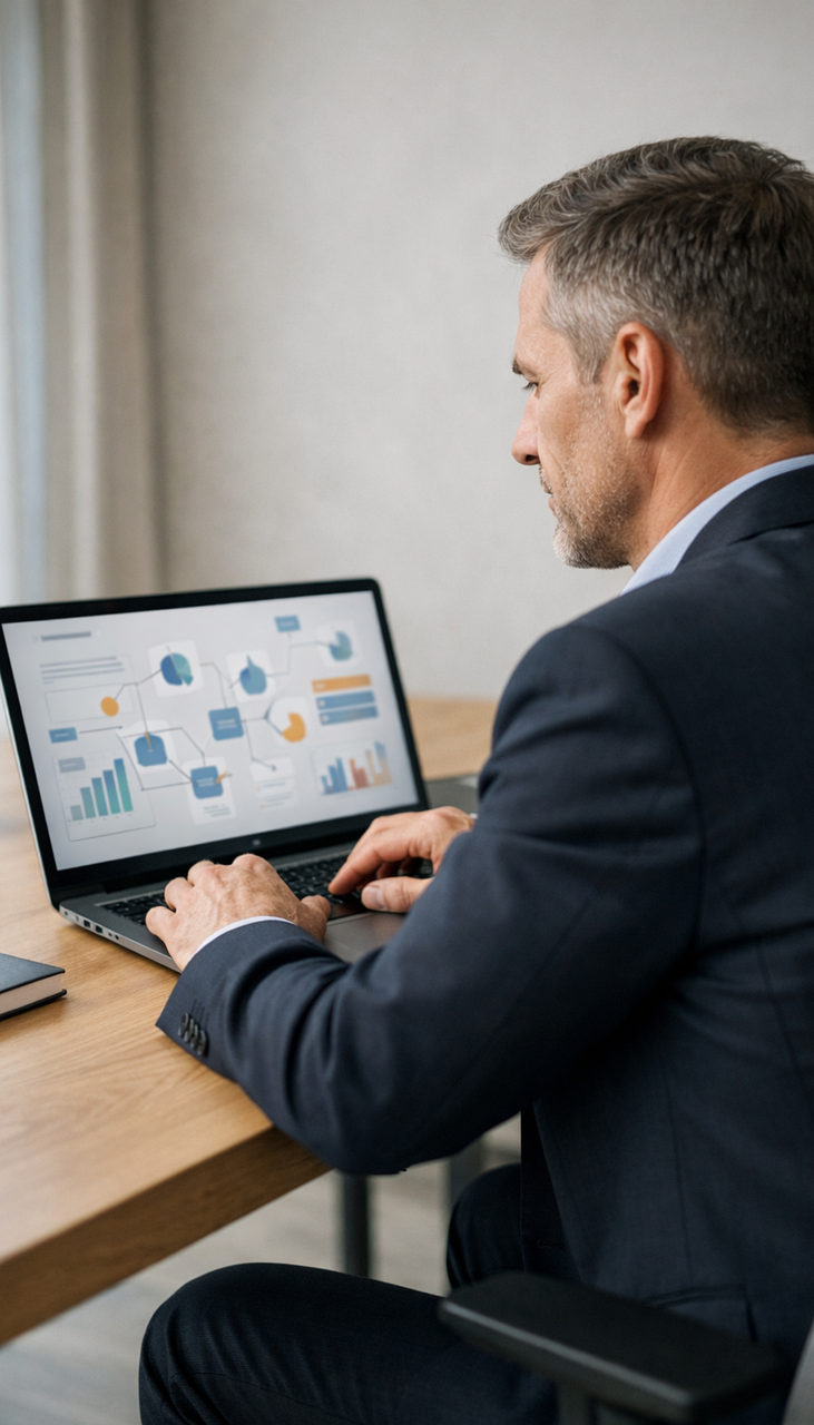 Geschaeftsmann arbeitet an einem Laptop mit Prozessdiagramm und Dashboard