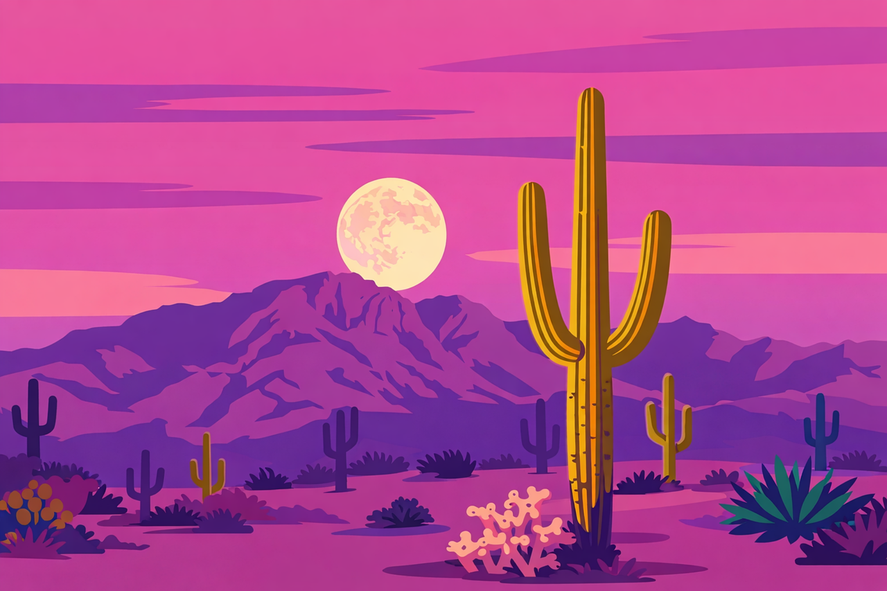 Deserto, Cacto, Lua, Noite, Panorama