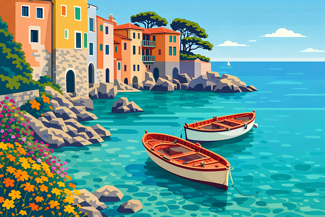 Free mediterranean coast coastal village boats vector