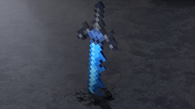 minecraft, sword, pixel, 3d, game, video game, magical sword, blue, fantasy, creative, medieval, digital art, fantasy game, blocks, black, pixel game, creative environment, textured, abstract, creativity