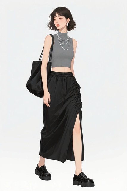 Free asian woman short wavy bob gray crop top illustration