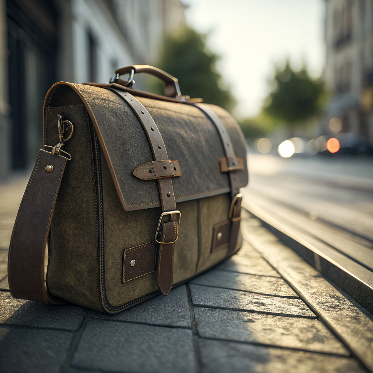 A vintage leather bag with textured embossed surface resting on a street scene, embodying the retro artisan aesthetic of the Chinese Painted Embossed Retro Bag.