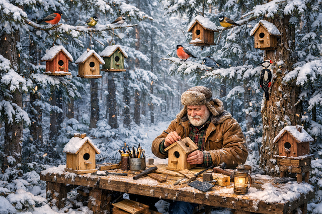 snow, winter, forest, birds, nature, birdhouse, craftsman, coat, table, saw, lantern, man, workshop, spruce, red bird, craftsmanship, hard work