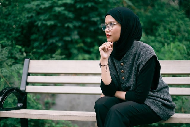 muslim, hijab, woman, thinking, alone, park, nature, bench, spectacles, summer, green background, portrait, people, peaceful, meditation, solitude, outdoor, waiting, calm, contemplation, isolated, reflection