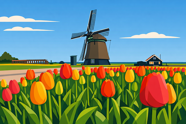 Free netherlands dutch windmill tulips illustration