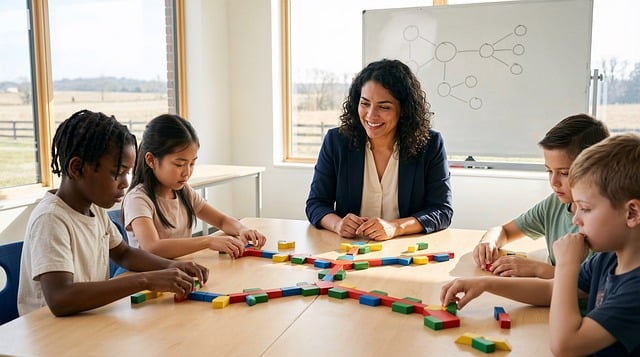 classroom, students, teacher, math, manipulatives, learning, education, diversity, collaboration, table, school, activity, colors, together, children, instruction, bright, group, skills, ai generated