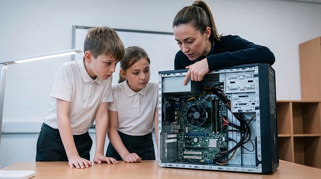 students, teacher, computer, motherboard, hardware, school, uniform, technology, education, classroom, electronics, learning, investigation, science, pc, peering, interior, curious, ai generated