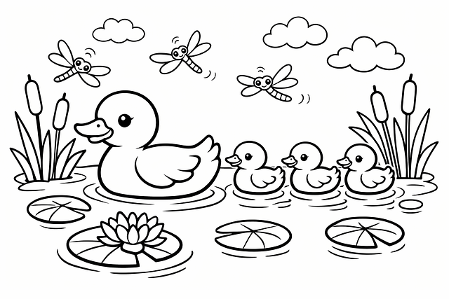 Free duck coloring page ducklings coloring page pond scene coloring page illustration