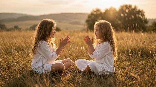 children, meadow, sunset, golden hour, nature, peace, sisterhood, meditation, summer, grass, light, calm, outdoors, friendship, harmony, serenity, backlight, field, autumn, joy, ai generated