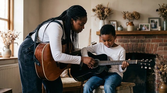 teacher, student, guitar, learning, music, lesson, fireplace, home, mentoring, education, bond, family, acoustic, indoor, instrument, skills, patience, strings, childhood, inspiration, ai generated