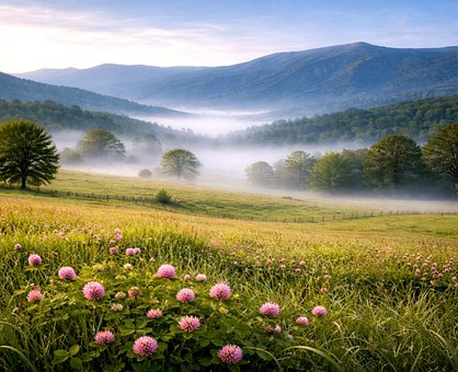Berge, Nebel, Feld, Kleeblatt, Wiese