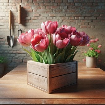 Tulipaner, Lyserøde Blomster, Trækasse