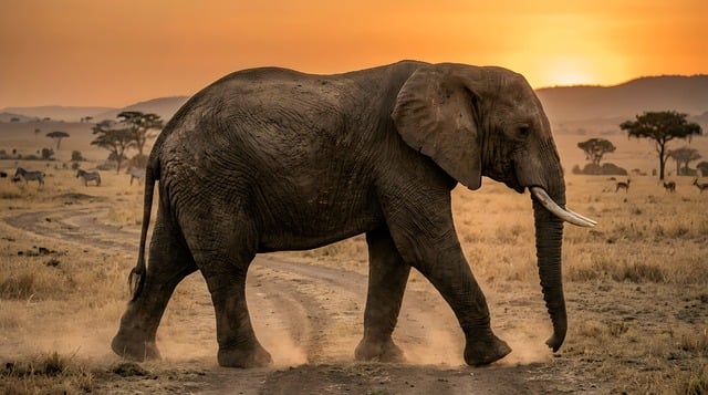 elephant, african, wild, safari, savanna, sunset, nature, wildlife, animal, mammal, tusk, trunk, large, majestic, travel, africa, dust, golden, plains, wilderness, walking, evening, ai generated