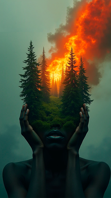 Frau, Porträt, Wald, Feuer, Lagerfeuer