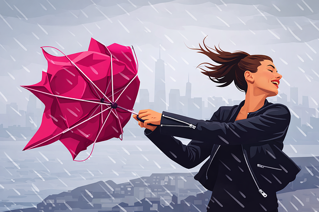 Frau, Regenschirm, Windig, Regen, Sturm
