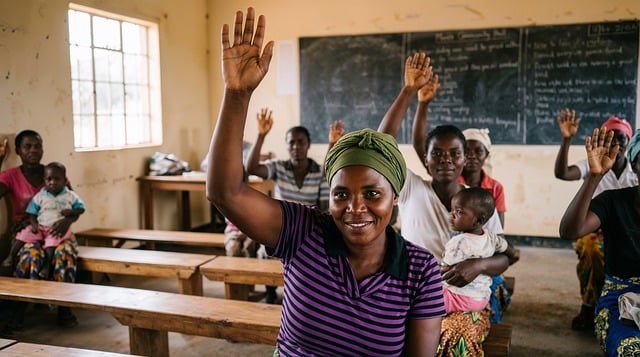 education, classroom, participation, learning, community, women, empowerment, hands raised, interaction, smile, headwrap, gathering, students, discussion, knowledge, engagement, africa, inclusion, communication, togetherness, ai generated