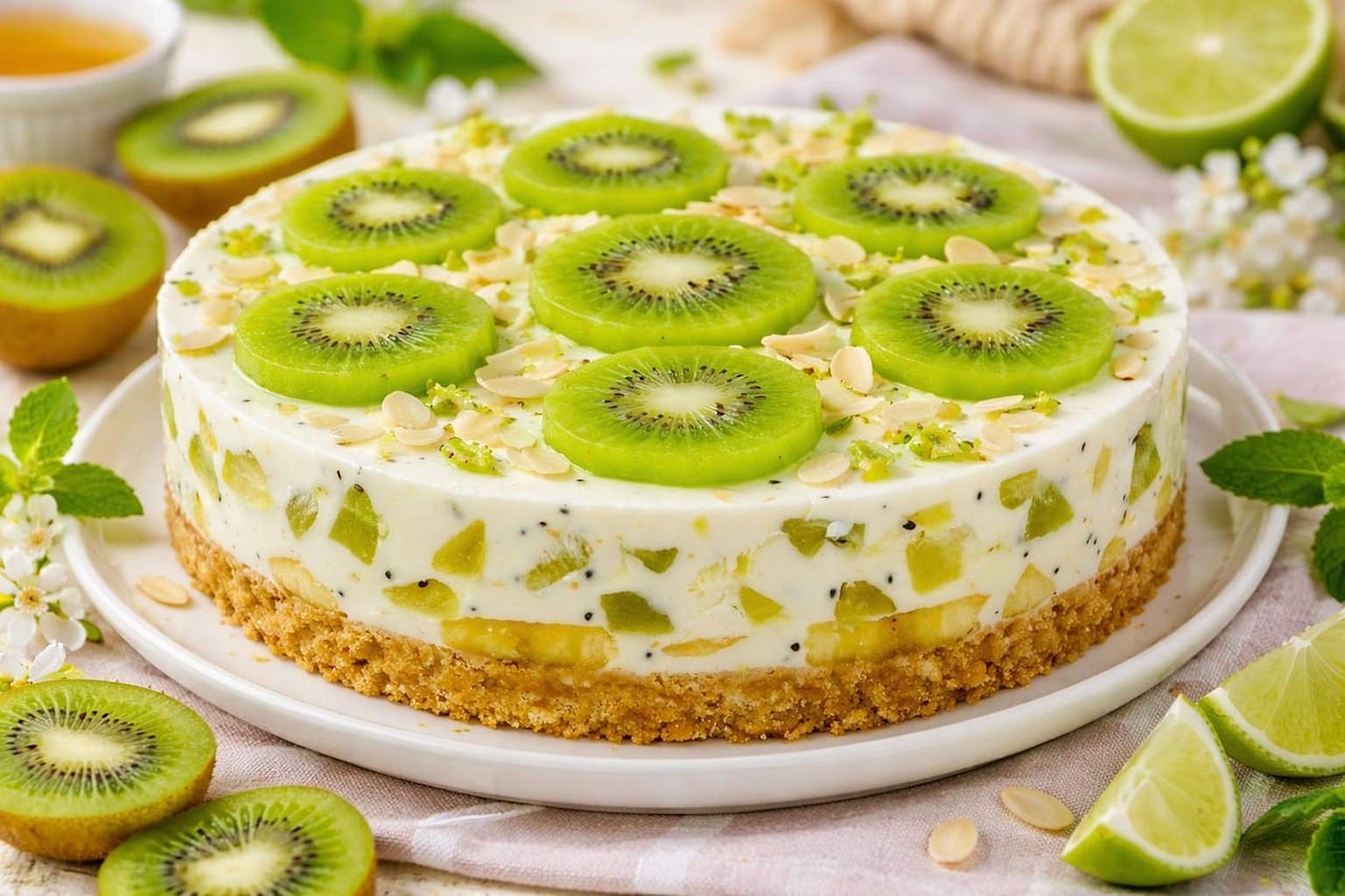 Slice of lime cheesecake with creamy filling and biscuit base