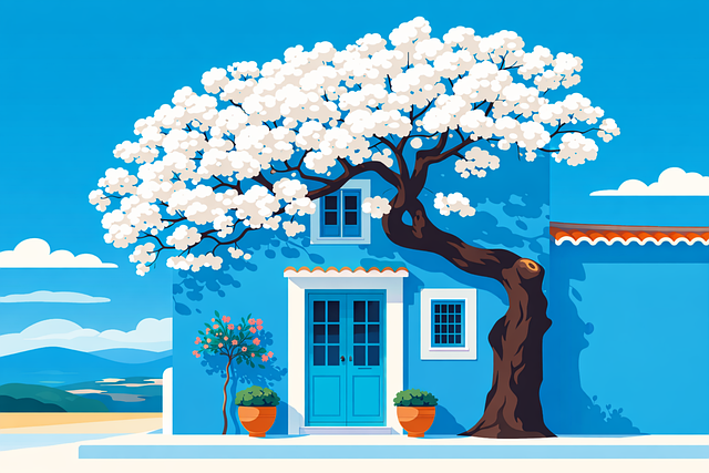 Free mediterranean house blue house white tree illustration