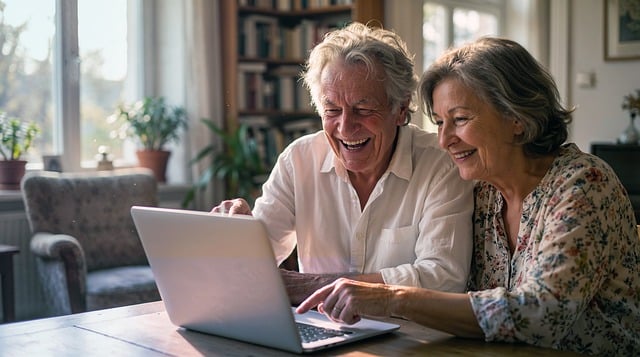 seniors, laptop, laughing, couple, home, technology, joy, connection, interior, bookshelf, sunlight, togetherness, digital, lifestyle, happiness, retirement, learning, cozy, interaction, discovery, ai generated